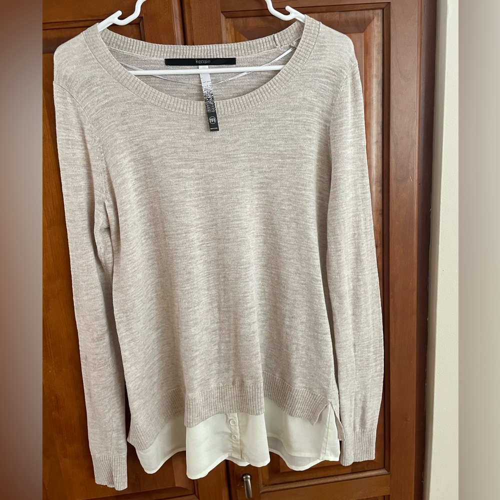 Kensie light weight tan crew neck sweater with faux shirt bottom